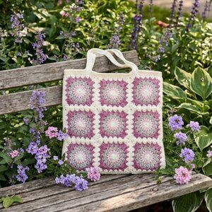 Handmade Boho Crochet Granny Square Tote Bag - Purple Starburst Floral 20"x21"